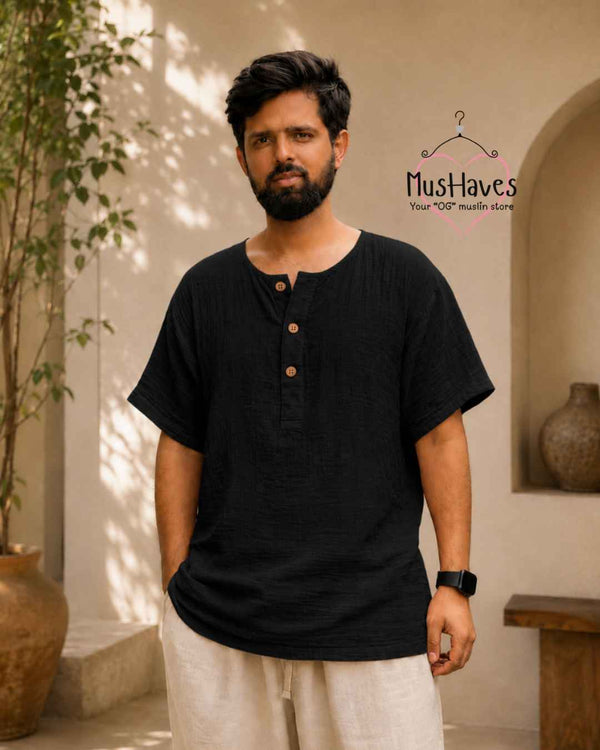 Classic Muslin Henley – Charcoal Black