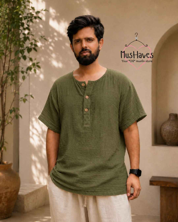 Classic Muslin Henley – Olive Green