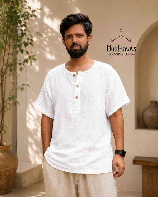 Classic Muslin Henley – Pearl White