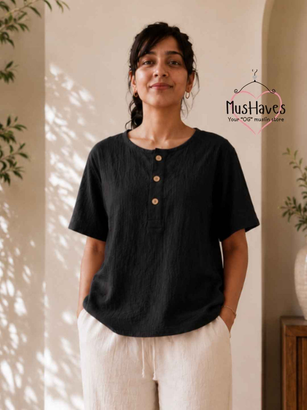 Classic Muslin Henley – Charcoal Black