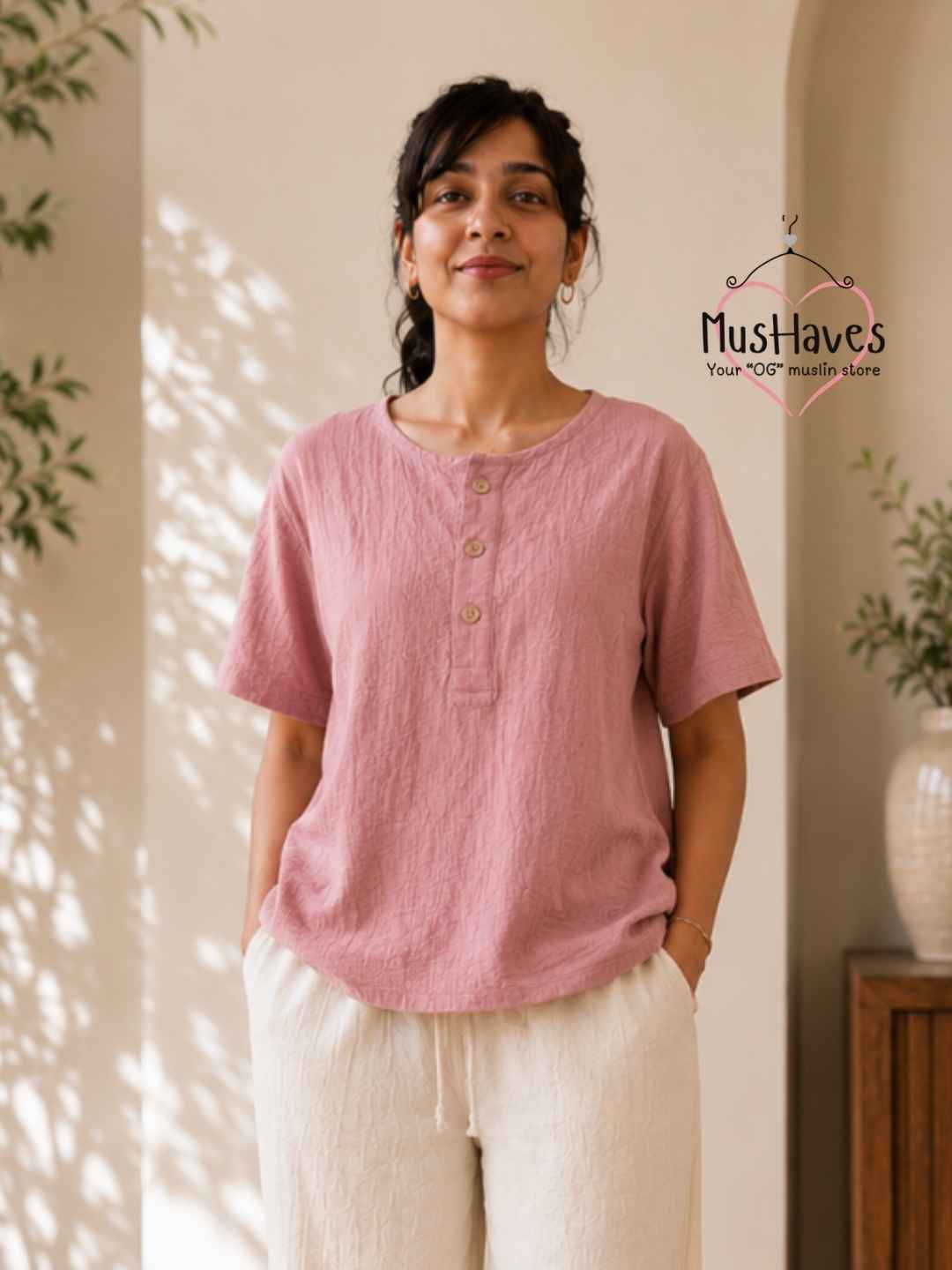 Classic Muslin Henley – Dust Rose