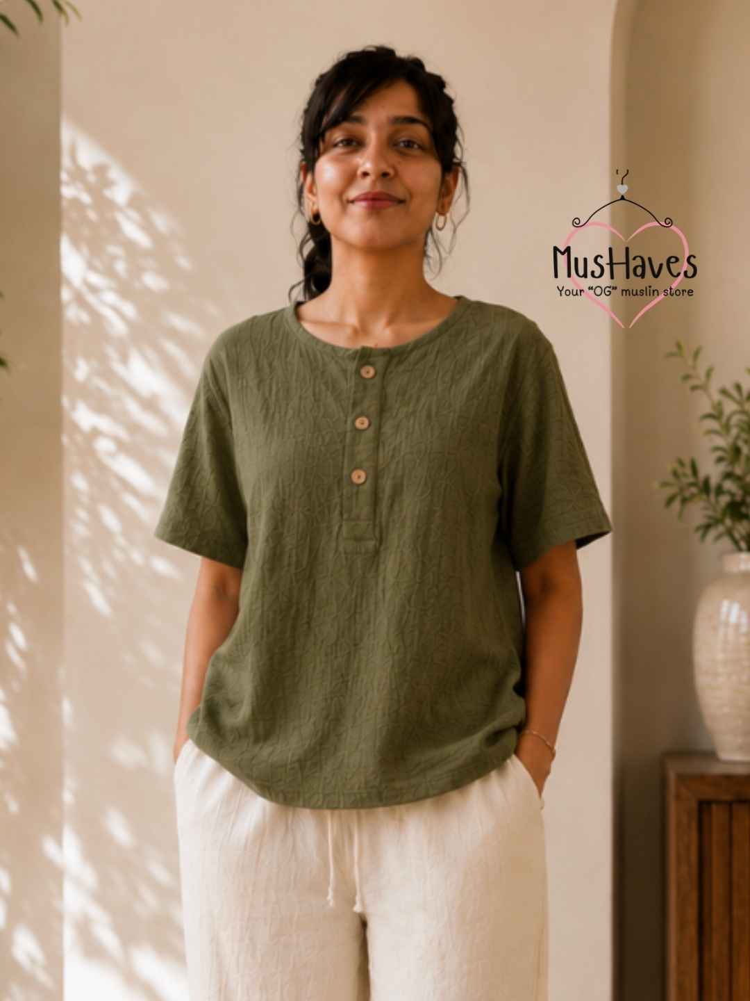 Classic Muslin Henley – Olive Green