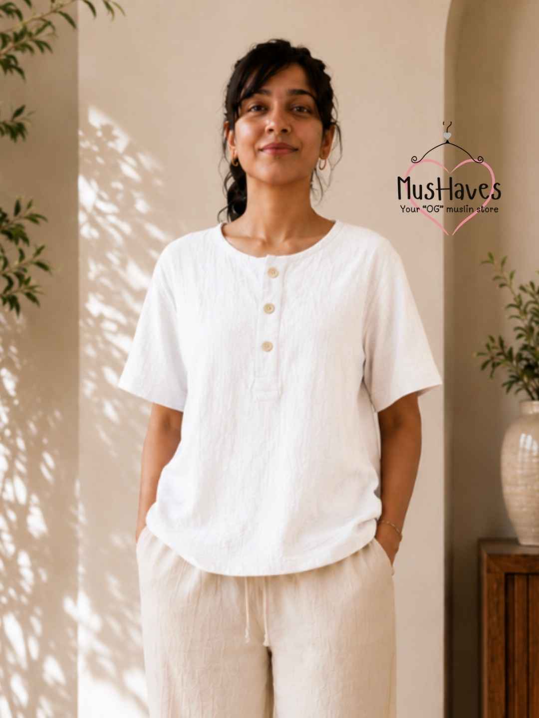 Classic Muslin Henley – Pearl White