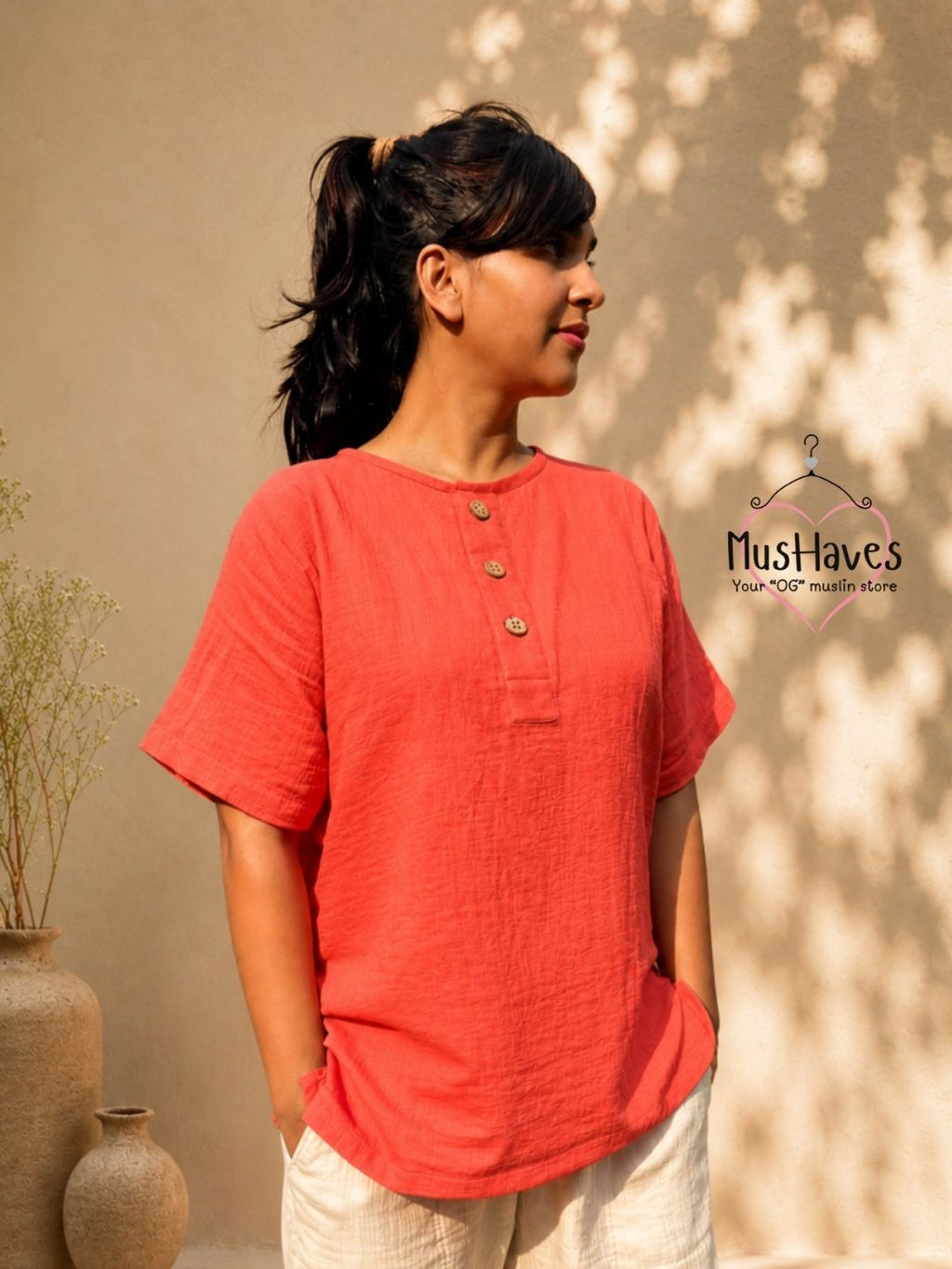 Classic Muslin Henley – Melon Pulp