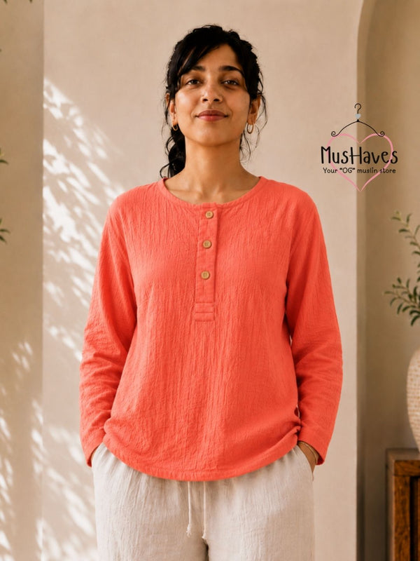 Classic Muslin Henley – Melon Pulp