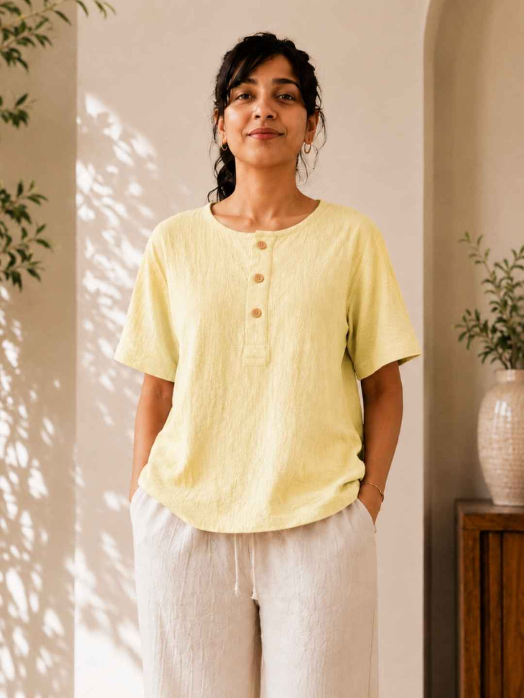 Classic Muslin Henley – Lemon Yellow