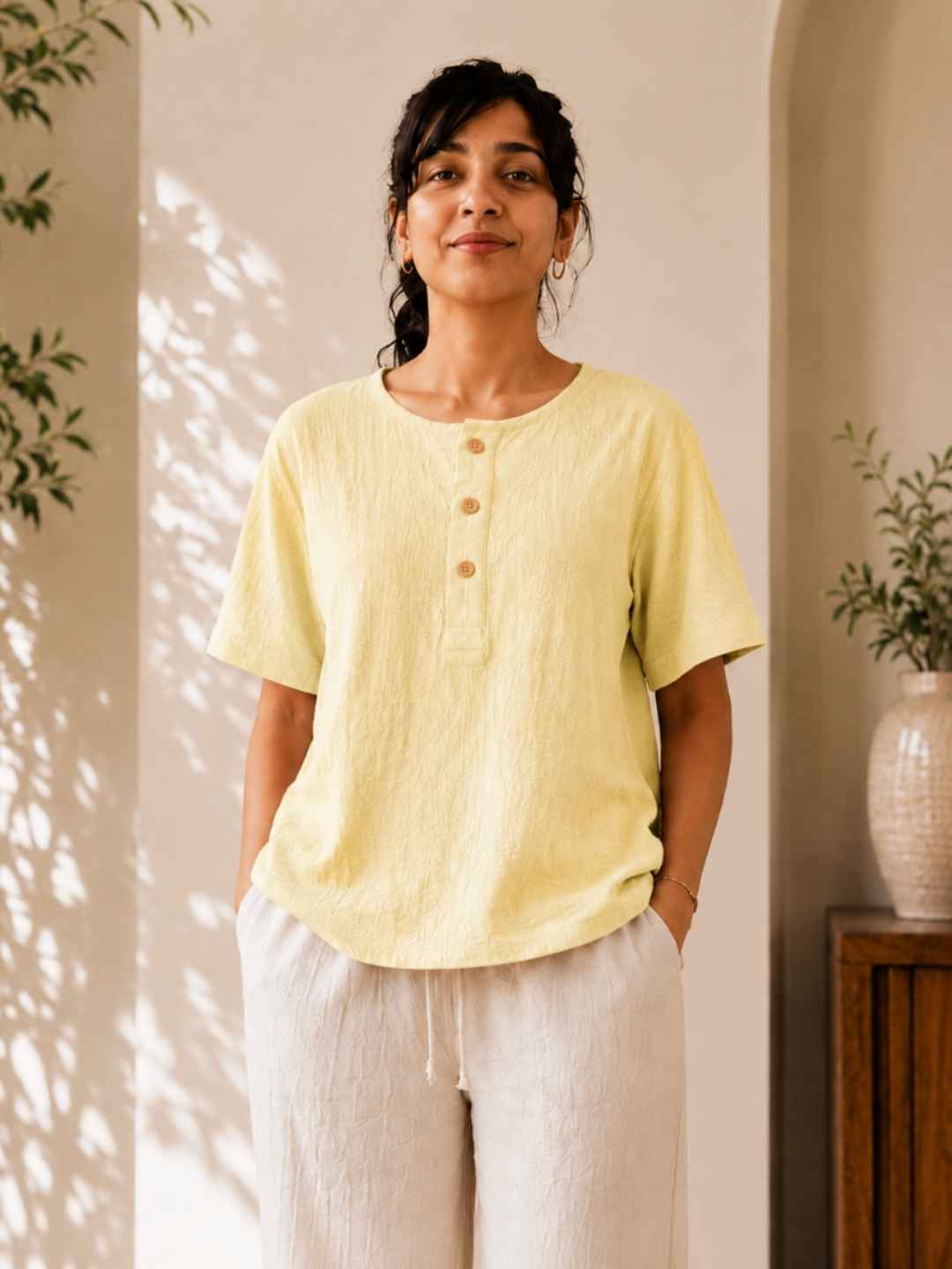 Classic Muslin Henley – Lemon Yellow