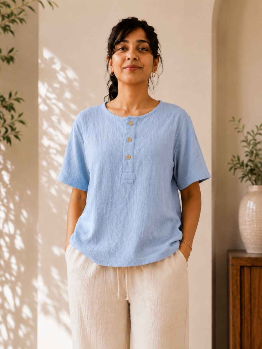 Classic Muslin Henley – Powder Blue