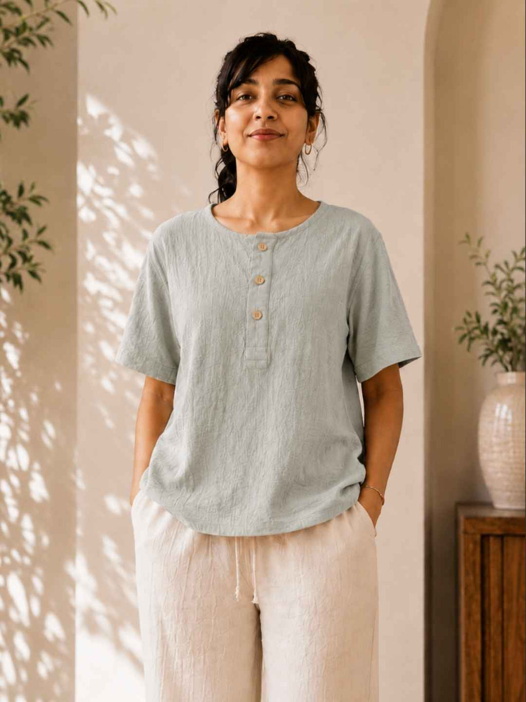 Classic Muslin Henley – Sage Grey