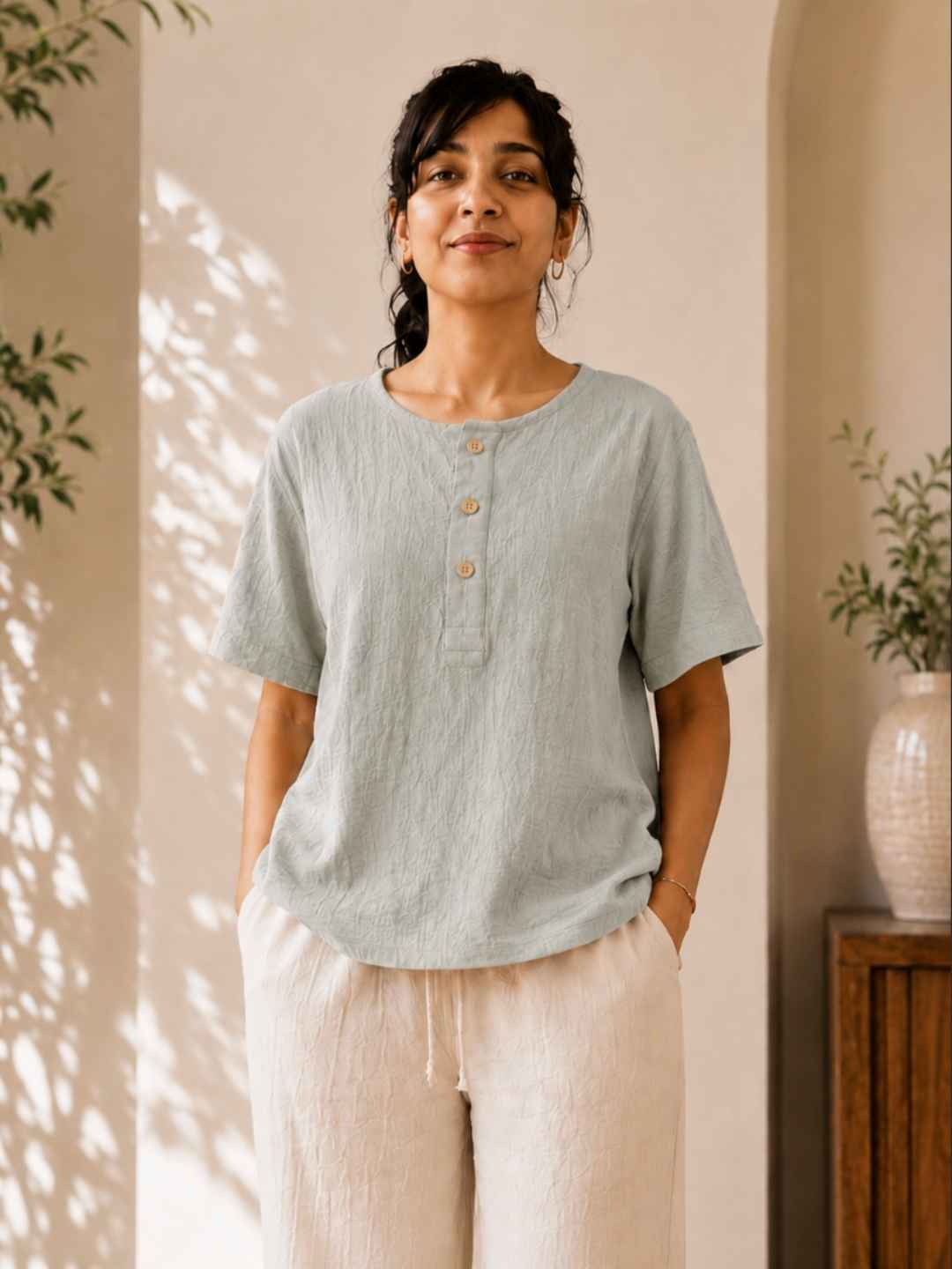 Classic Muslin Henley – Sage Grey