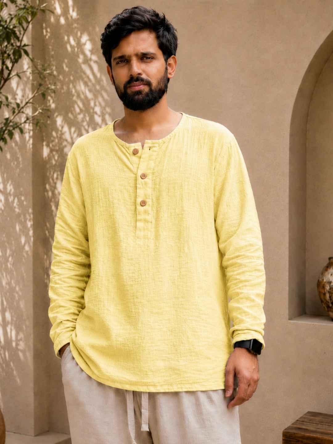 Classic Muslin Henley – Lemon Yellow