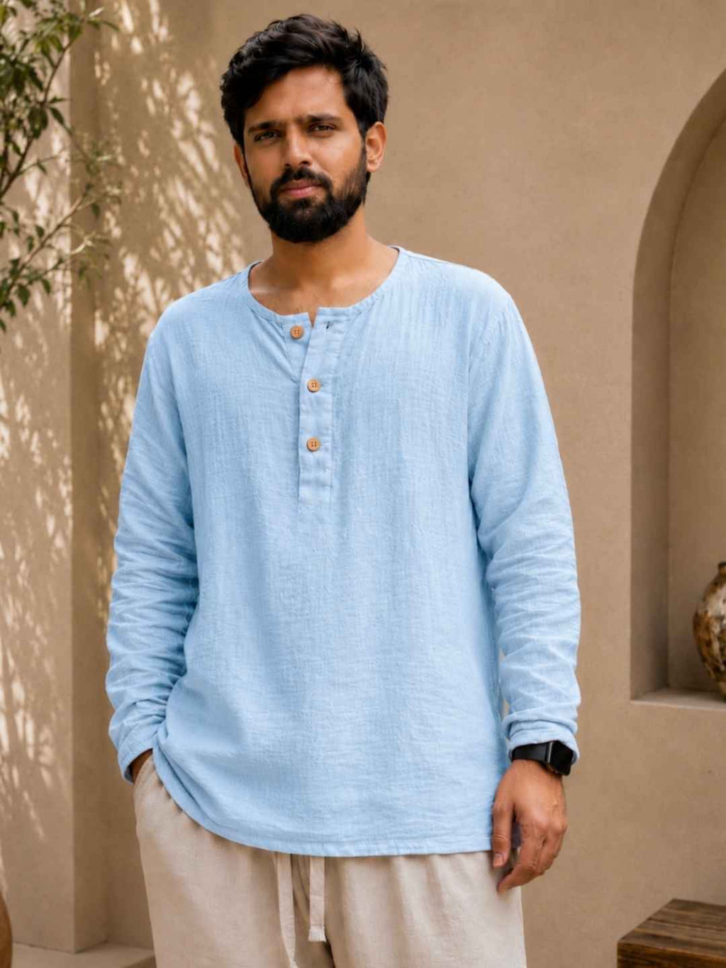 Classic Muslin Henley – Powder Blue