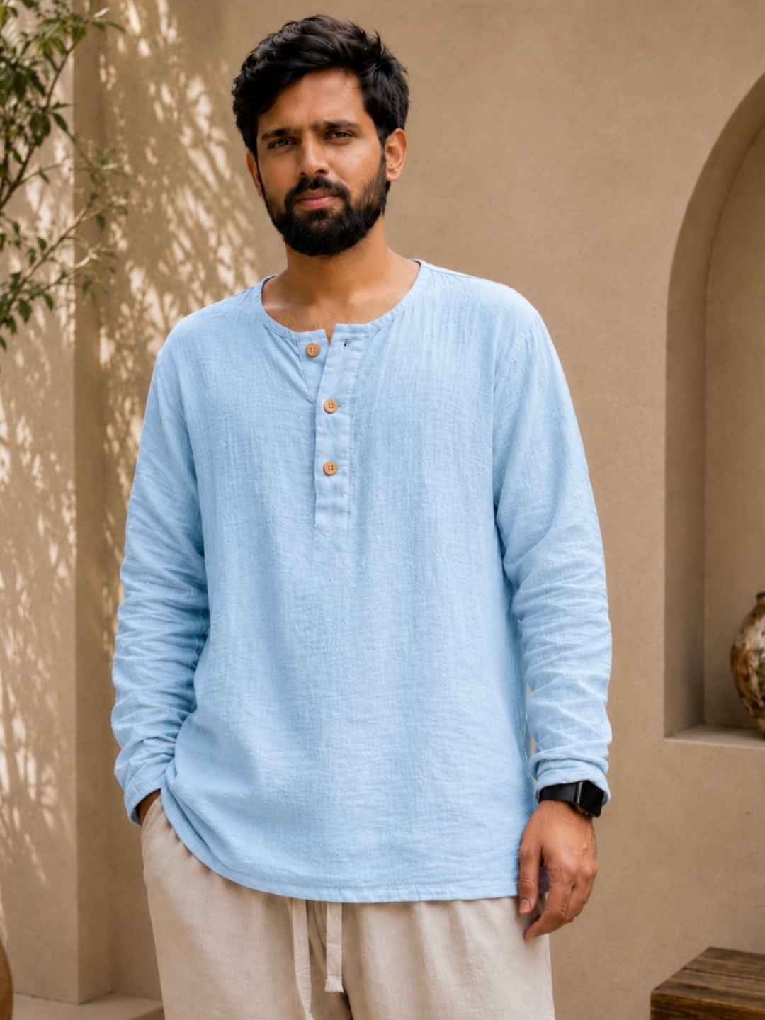 Classic Muslin Henley – Powder Blue