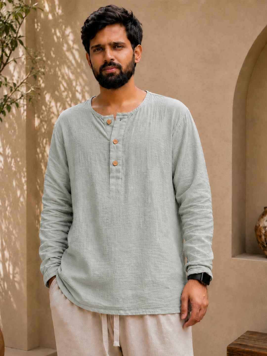 Classic Muslin Henley – Sage Grey