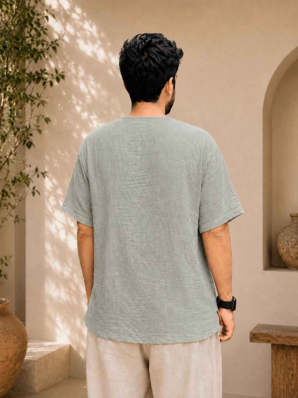 Classic Muslin Henley – Sage Grey
