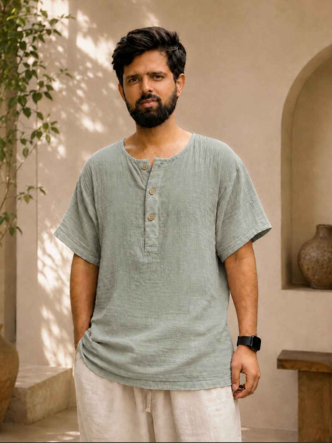 Classic Muslin Henley – Sage Grey