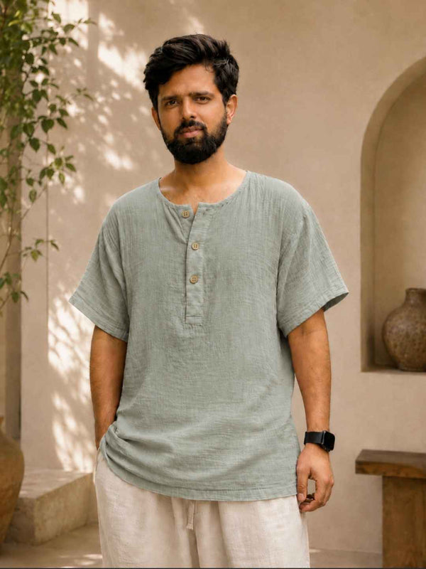 Classic Muslin Henley – Sage Grey