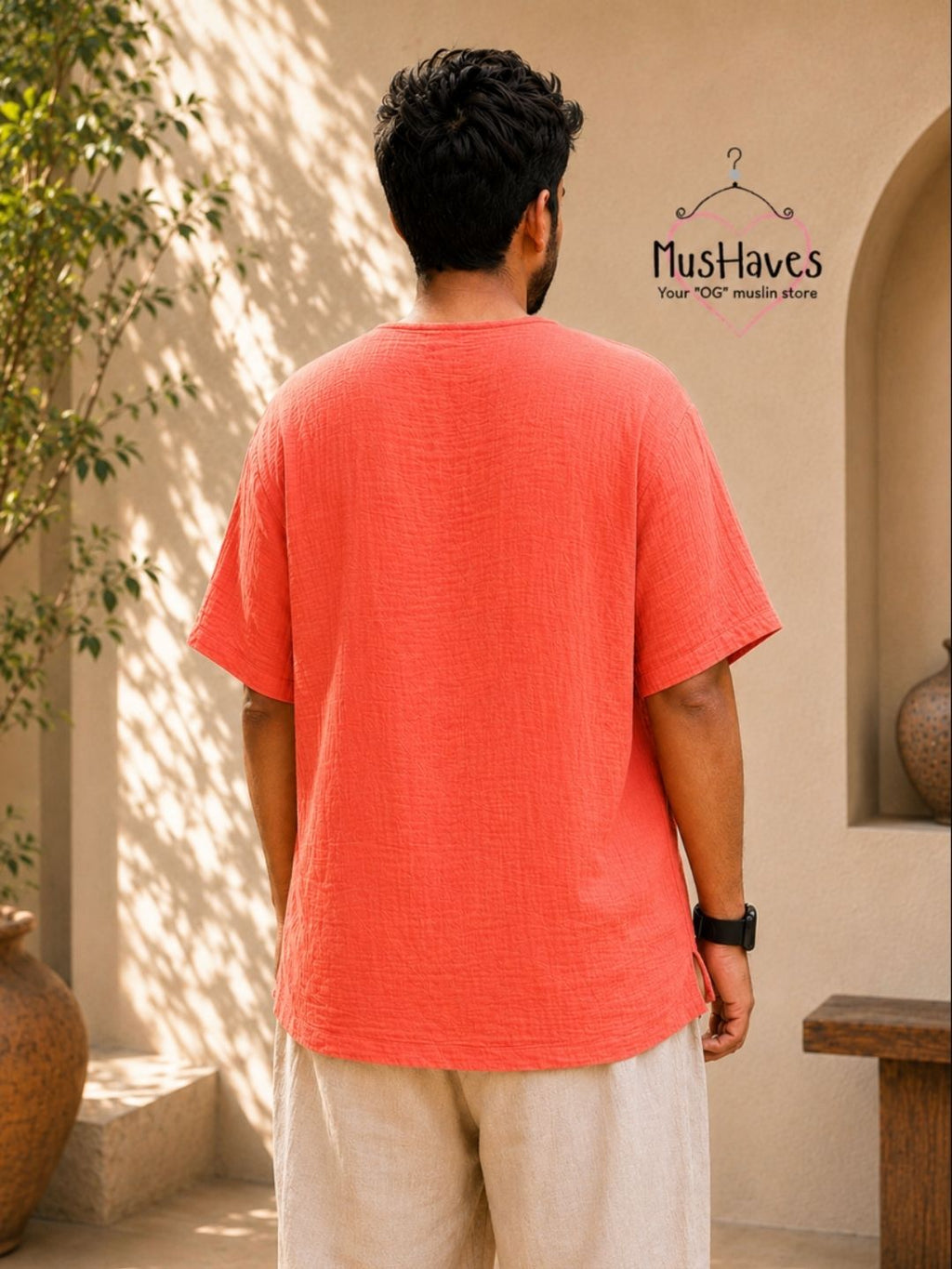 Muslin Henley & Regular Fit Bottoms Curated Set – Melon Pulp + Beige