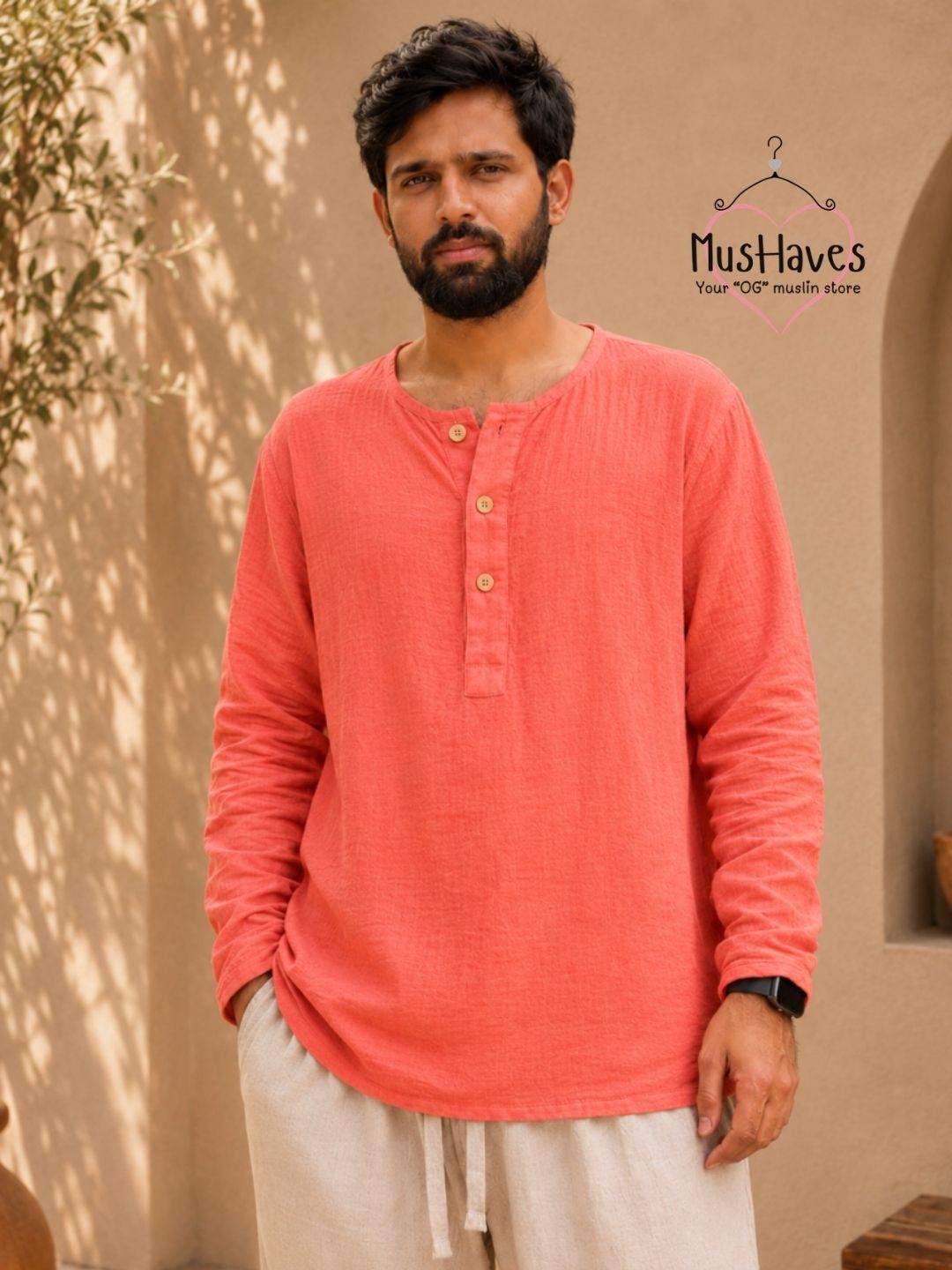 Classic Muslin Henley – Melon Pulp
