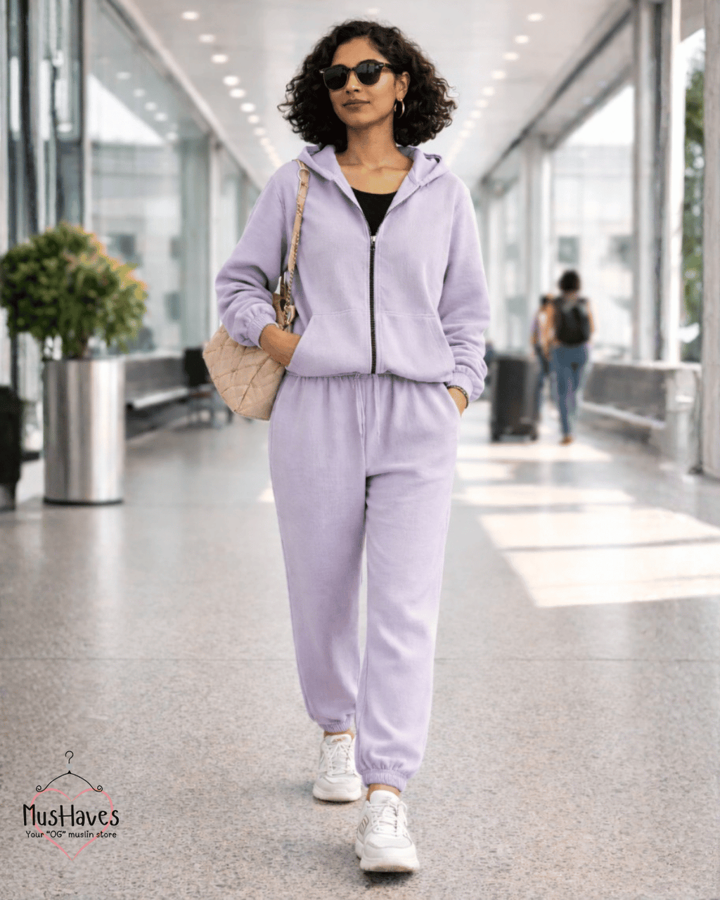 Premium Muslin Hoodie Coord | Zipper Hoodie + Jogger Bottoms | Muslin | 4-Layers | 15°C | 100% Organic Cotton | Mulmul | Lavender Purple