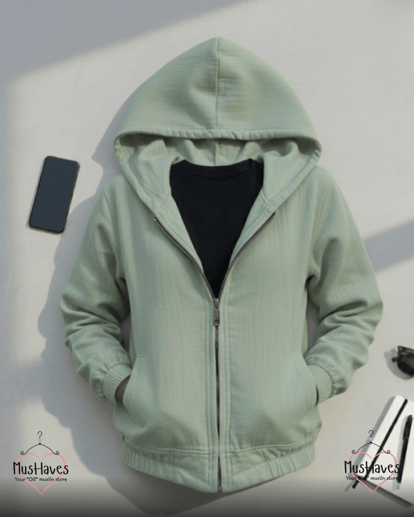 Muslin Layered Zip Hoodie – Sage Grey