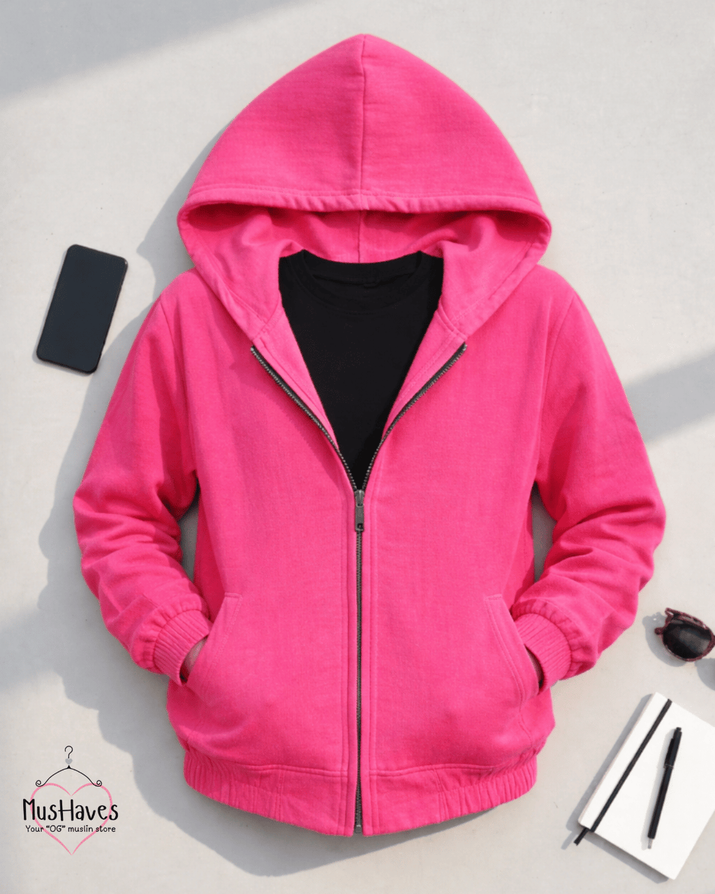 Premium Muslin Hoodie Coord | Zipper Hoodie + Jogger Bottoms | Muslin | 4-Layers | 15°C | 100% Organic Cotton | Mulmul | Deep Pink