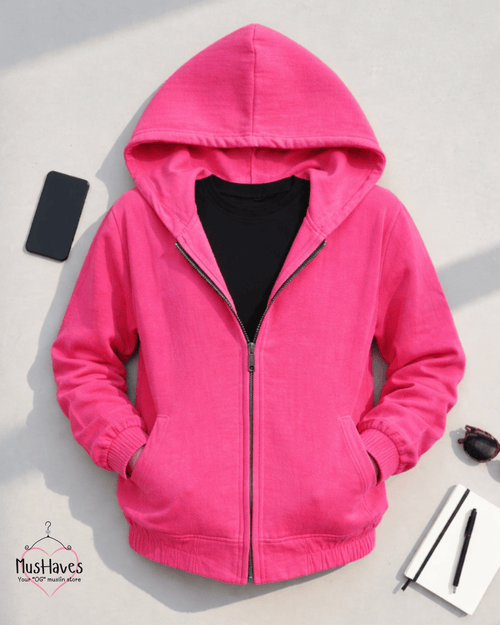 4 Layer Muslin Tracksuit Zip Hoodie & Jogger Coord – Deep Pink