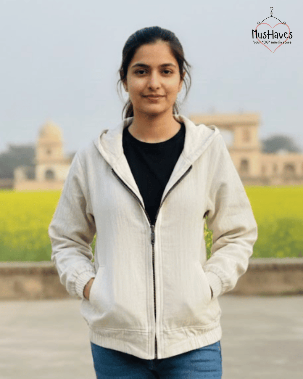 Muslin Layered Zip Hoodie – Beige