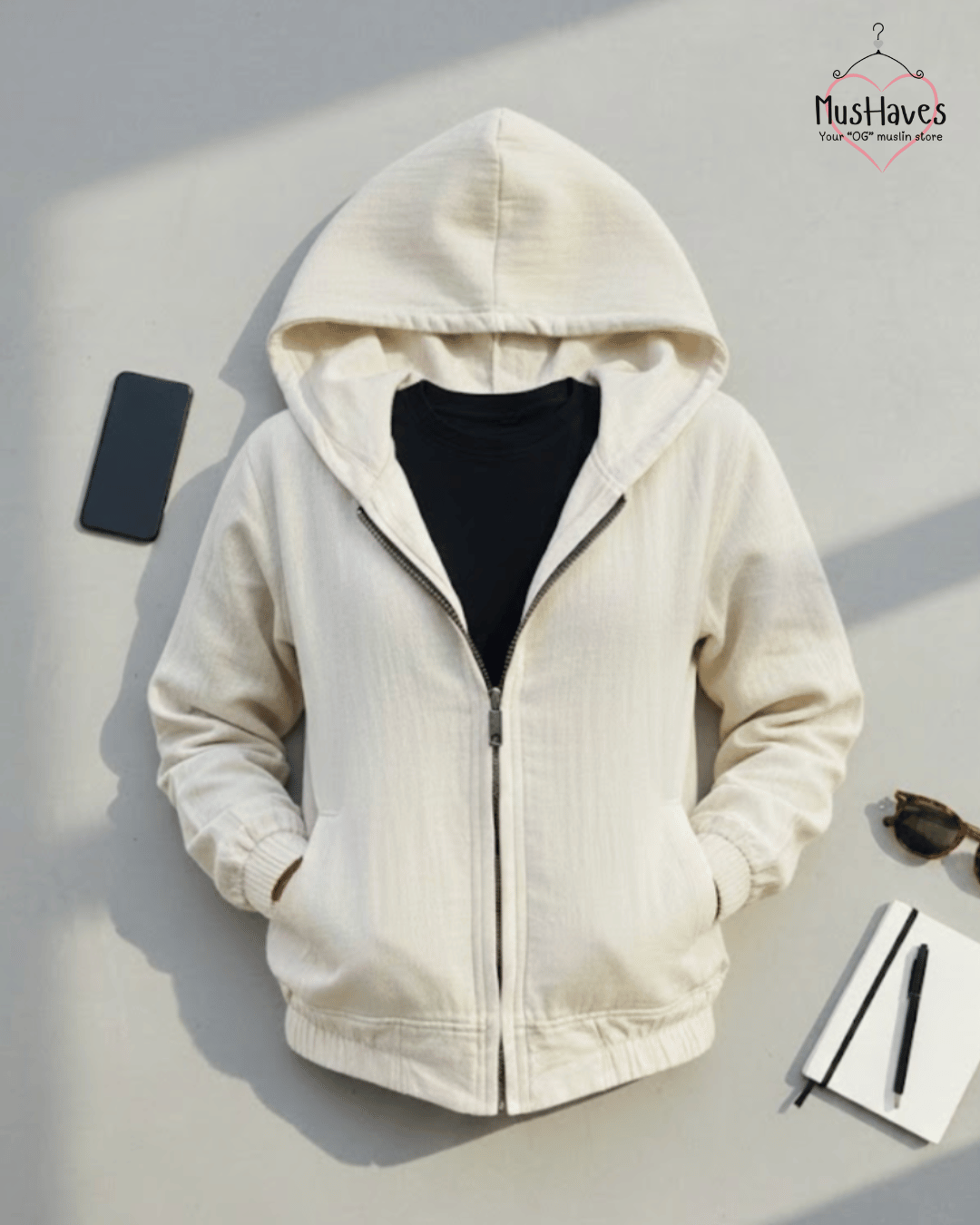 Premium Muslin Hoodie | Unisex | 100% Organic Cotton | Mulmul | Anti Static | Breathable | Skin Friendly | Winter Essential | Beige | Zipper