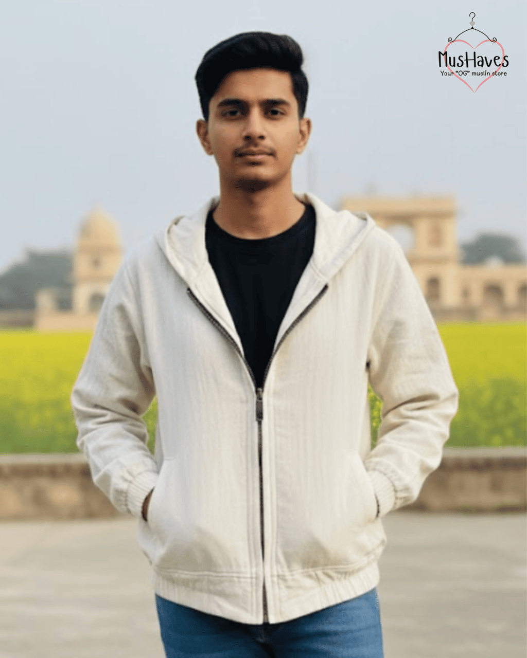 Muslin Layered Zip Hoodie – Beige