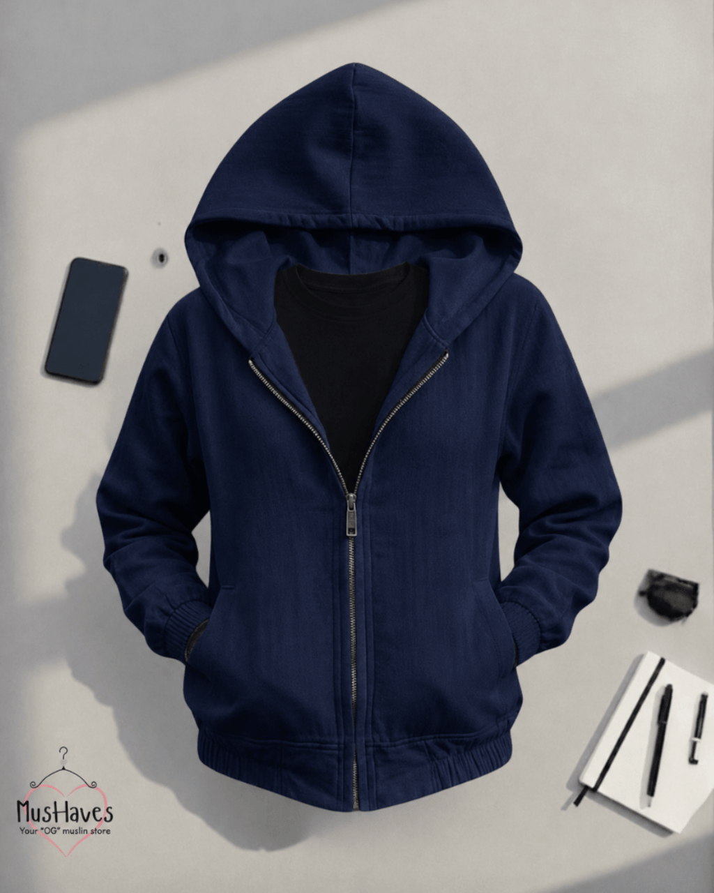 Muslin Layered Zip Hoodie – Dust Blue