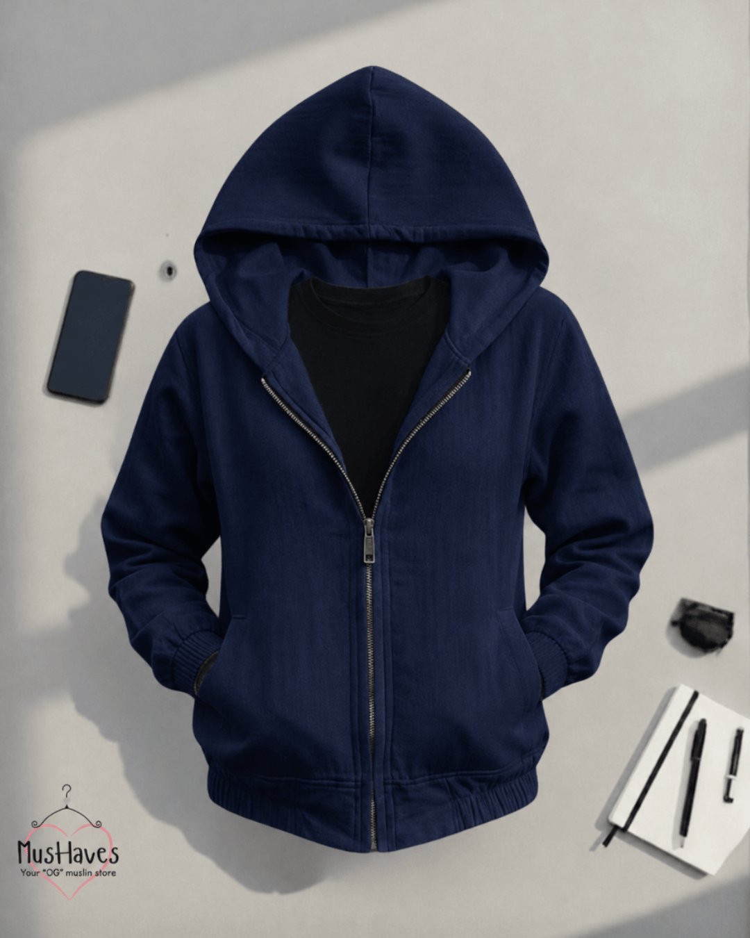 Muslin Layered Zip Hoodie – Dust Blue