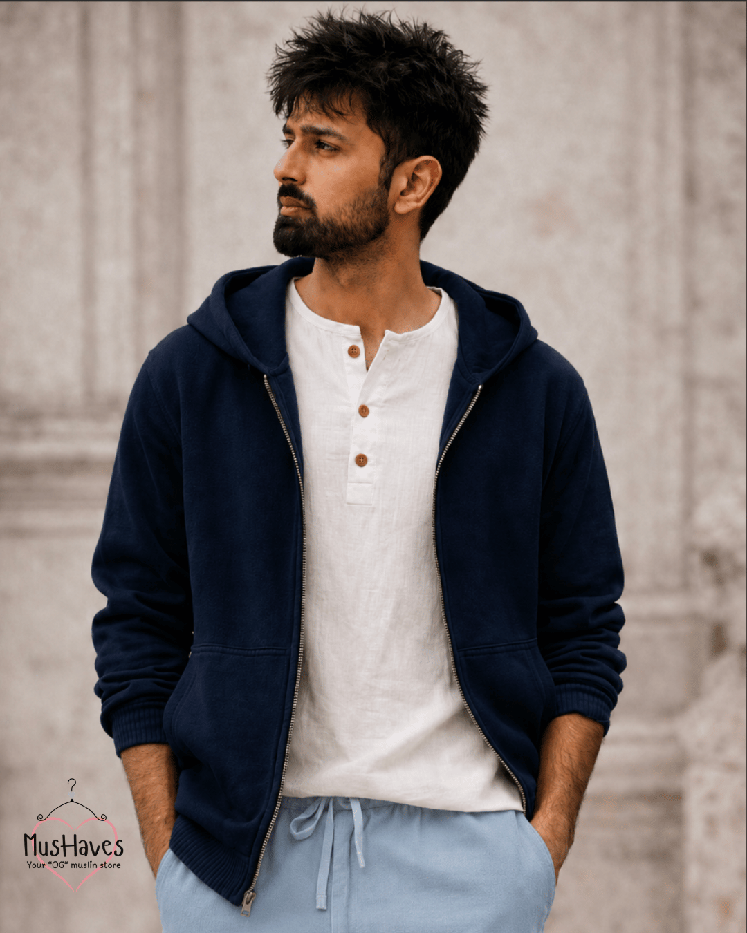 Muslin Layered Zip Hoodie – Dust Blue