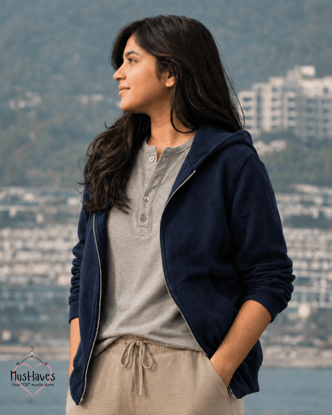 Muslin Layered Zip Hoodie – Dust Blue