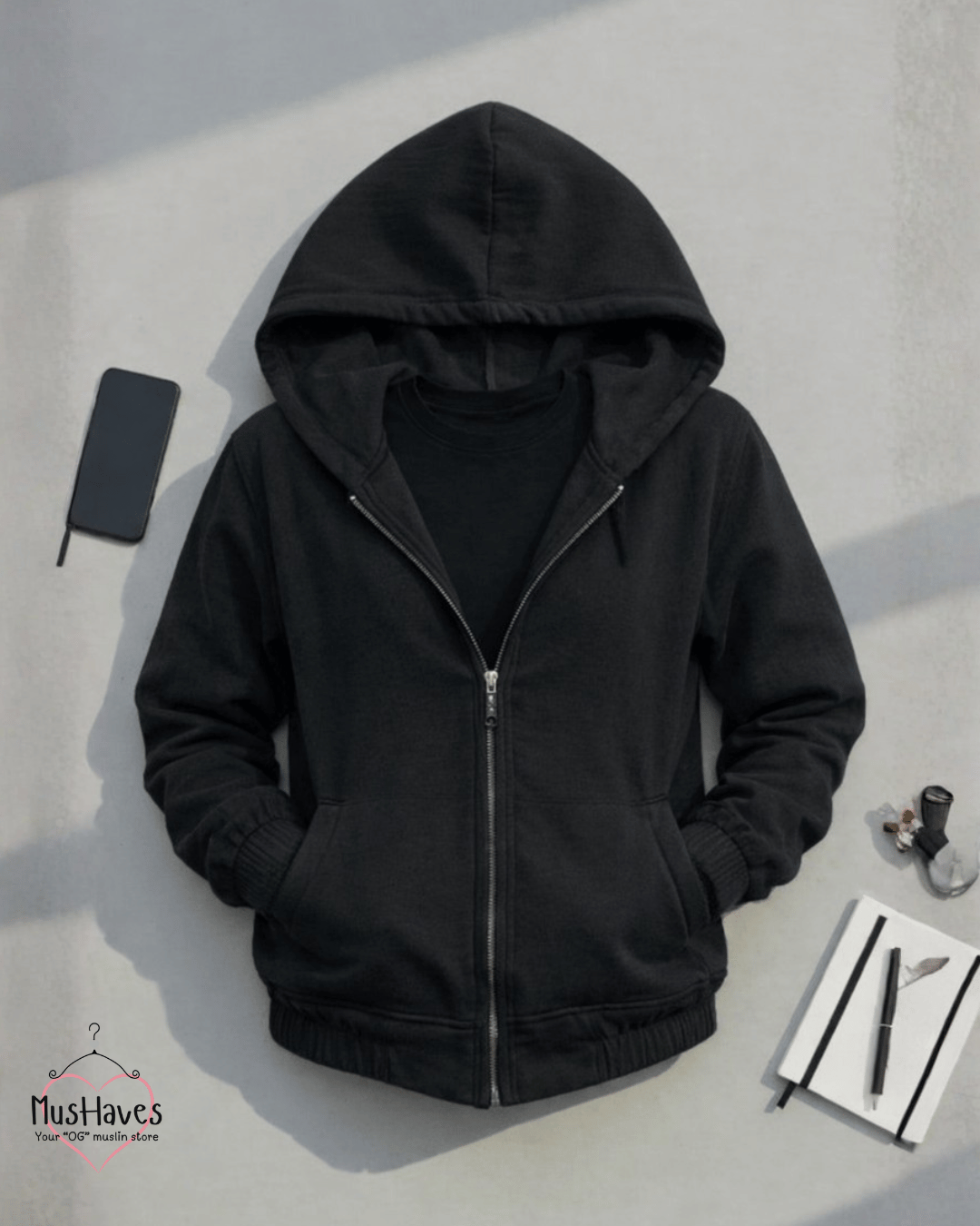 Muslin Layered Zip Hoodie – Charcoal Black