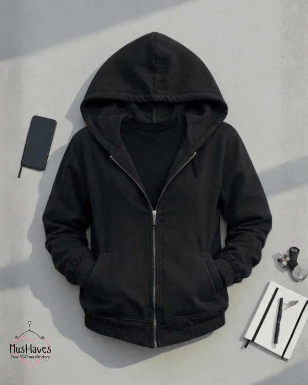 Muslin Layered Zip Hoodie – Charcoal Black