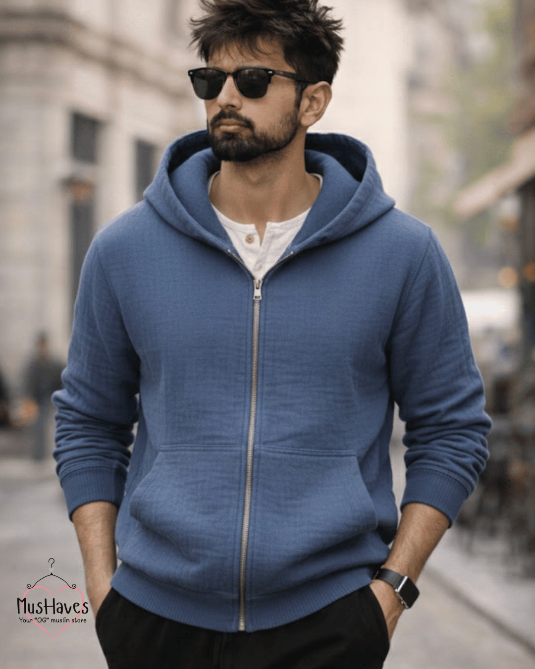 Premium Muslin Hoodie | Unisex | 100% Organic Cotton | Mulmul | Anti Static | Breathable | Skin Friendly | Winter Essential | Dust Blue | Zipper