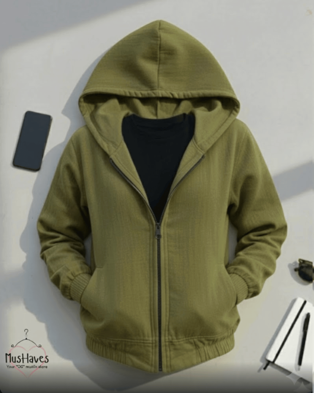 Muslin Layered Zip Hoodie – Olive Green