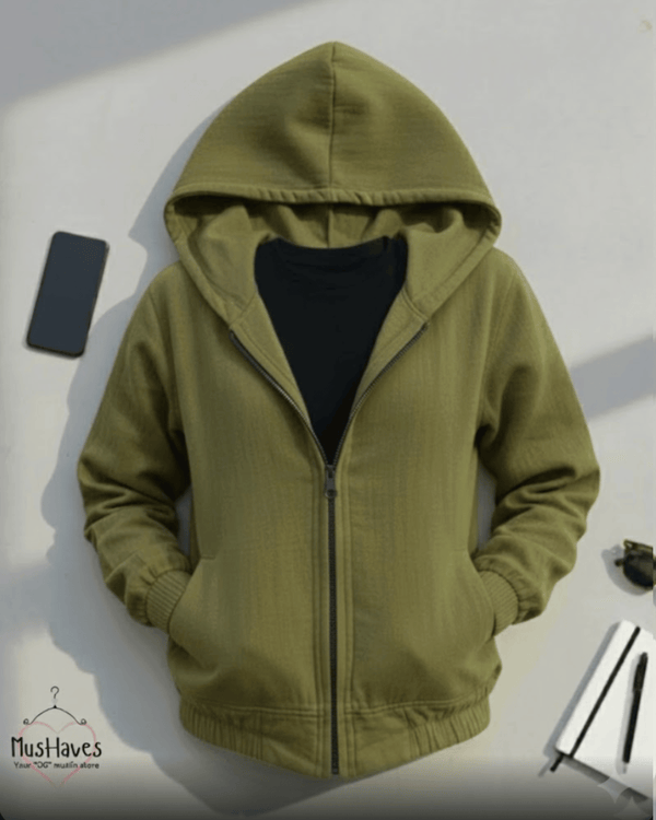 Muslin Layered Zip Hoodie – Olive Green