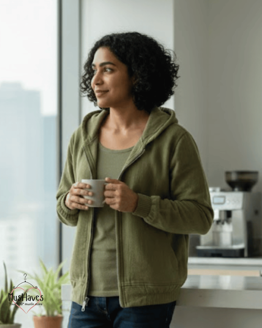 Muslin Layered Zip Hoodie – Olive Green