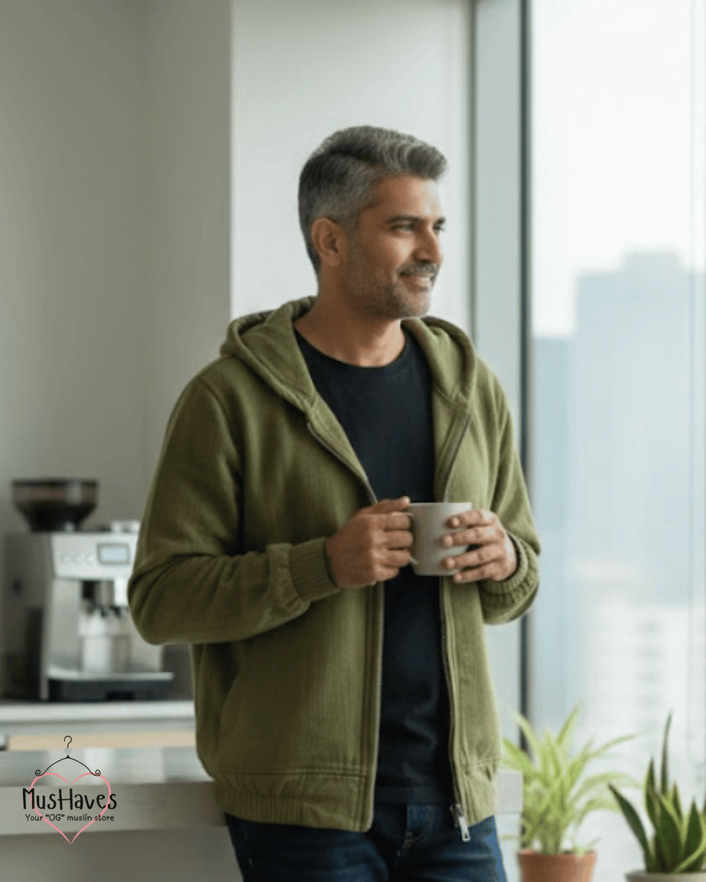 Muslin Layered Zip Hoodie – Olive Green