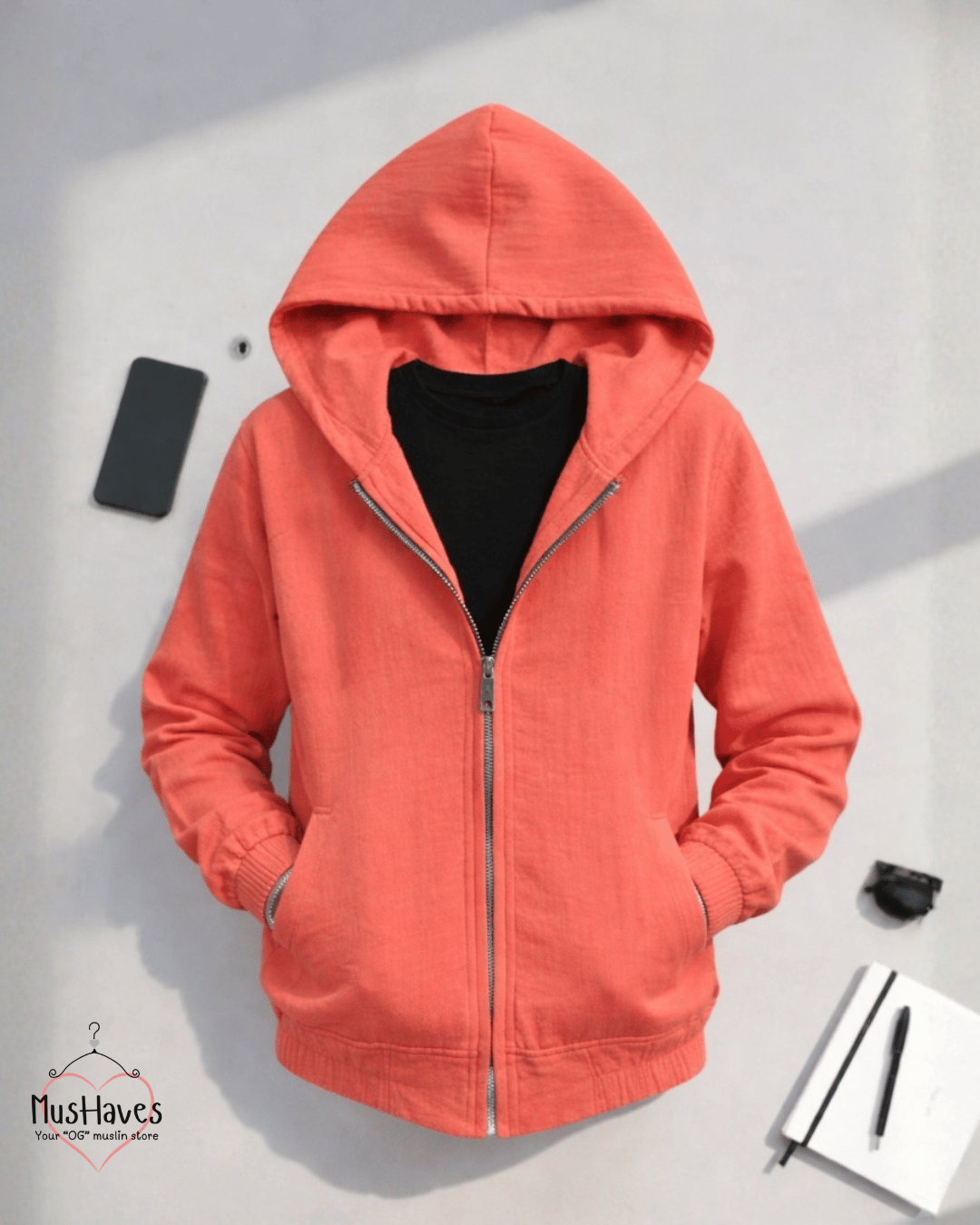 Premium Muslin Hoodie | Unisex | 100% Organic Cotton | Mulmul | Anti Static | Breathable | Skin Friendly | Winter Essential | Rust Orange | Melon Pulp