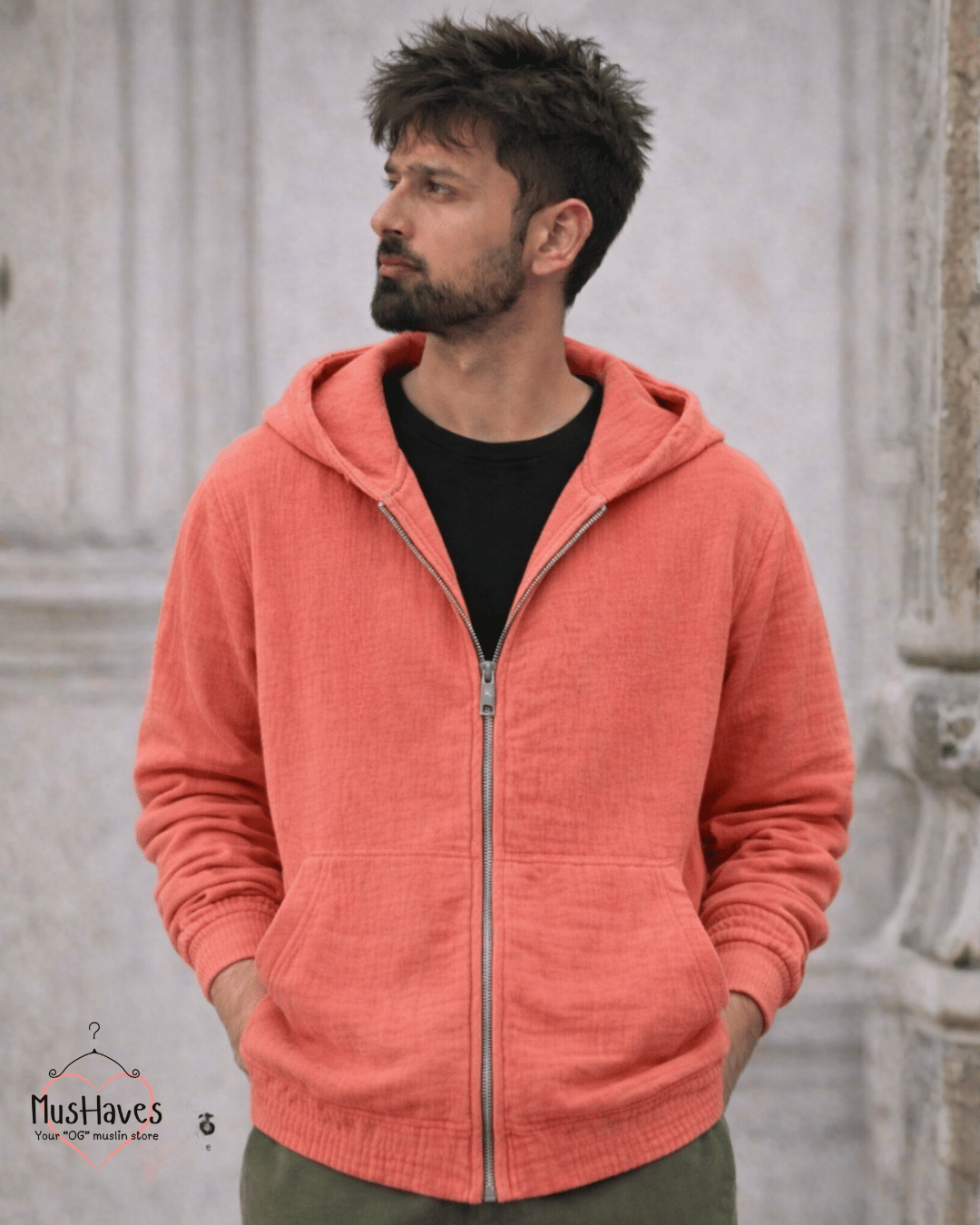 Premium Muslin Hoodie | Unisex | 100% Organic Cotton | Mulmul | Anti Static | Breathable | Skin Friendly | Winter Essential | Rust Orange | Melon Pulp