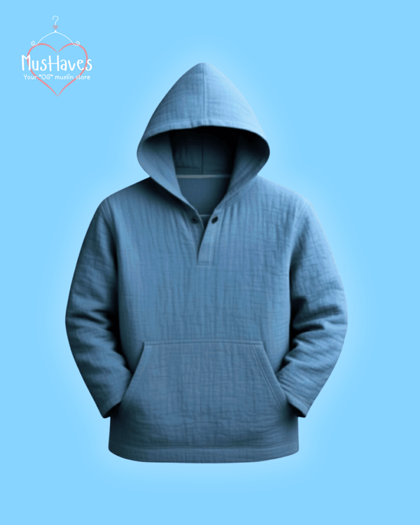 Muslin Layered Pullover Hoodie – Steel Blue