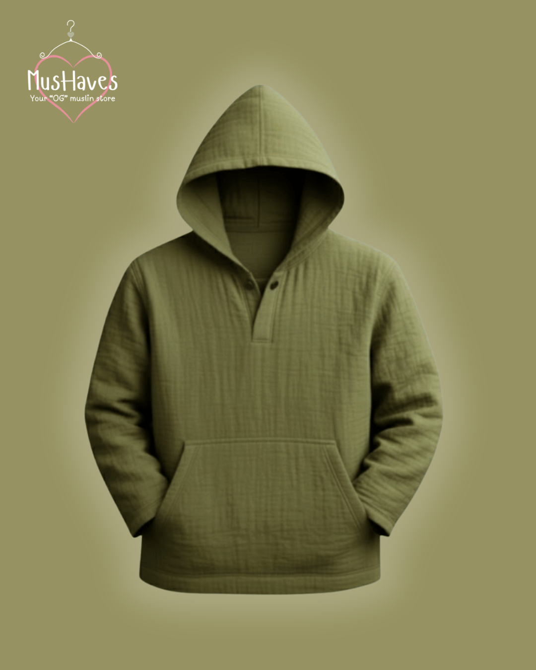 Premium Muslin Hoodie | Unisex | 100% Organic Cotton | Mulmul | Anti Static | Breathable | Skin Friendly | Winter Essential | Olive Green