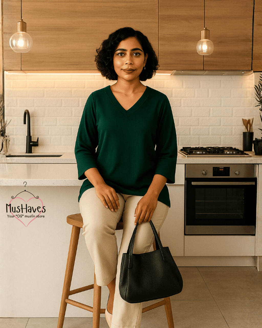 Premium Muslin Combo set | A-Line Teeshirt + Bottoms | Emerald Green + Beige