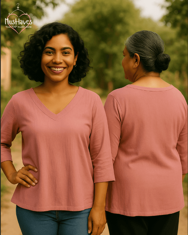 Breezy Muslin A Line V Neck Top – Dusty Rose