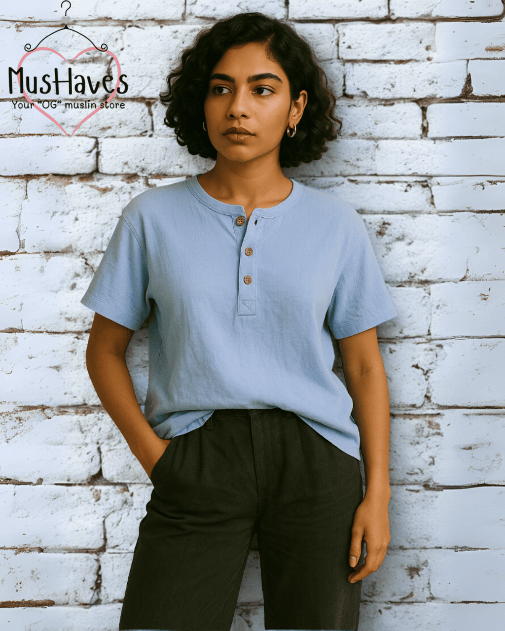 Unisex Organic Cotton Muslin T-Shirt – 100% Double Gauze, Loose Fit, Breathable Powder Blue Tee