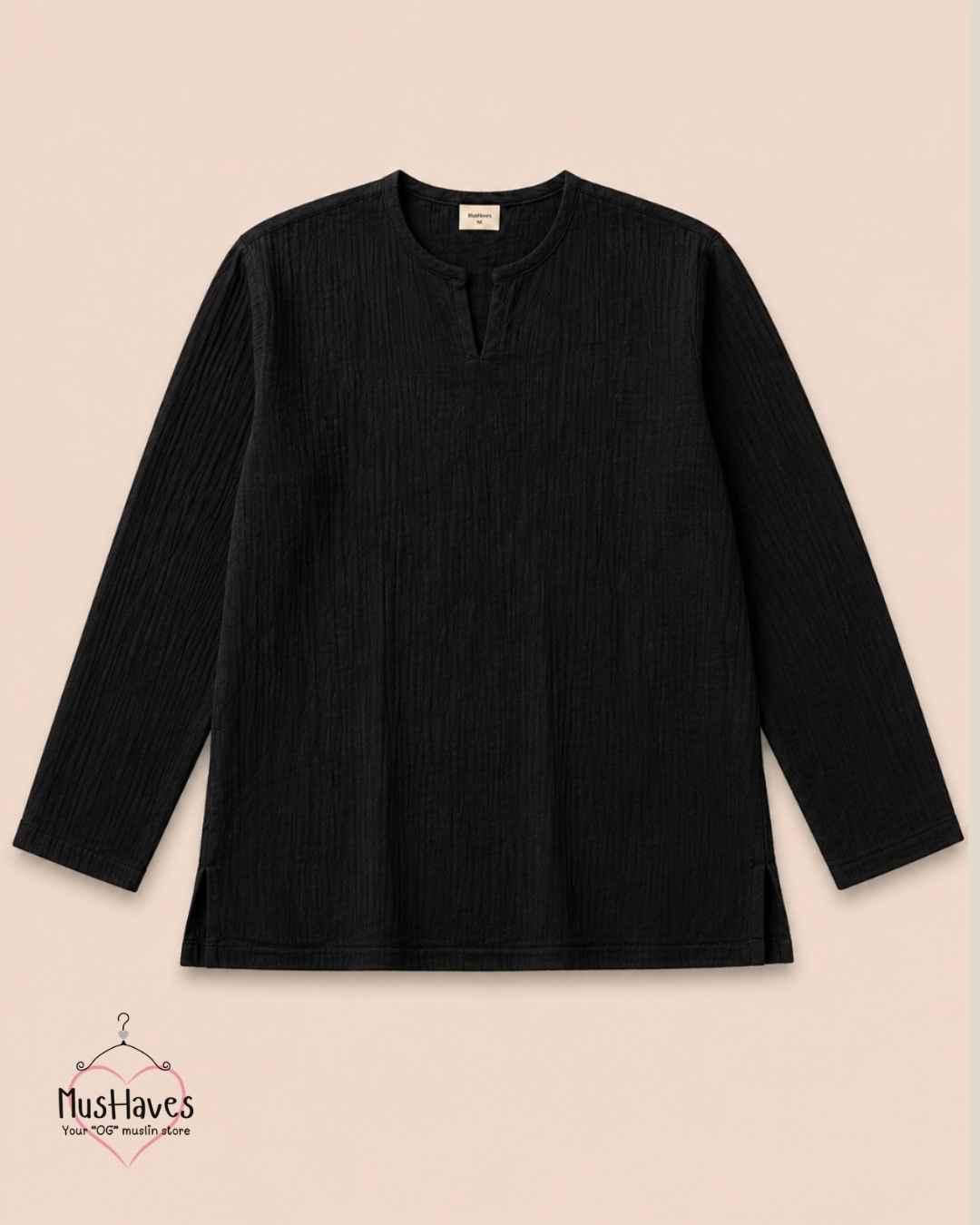 Classic Muslin Notch Neck – Charcoal Black