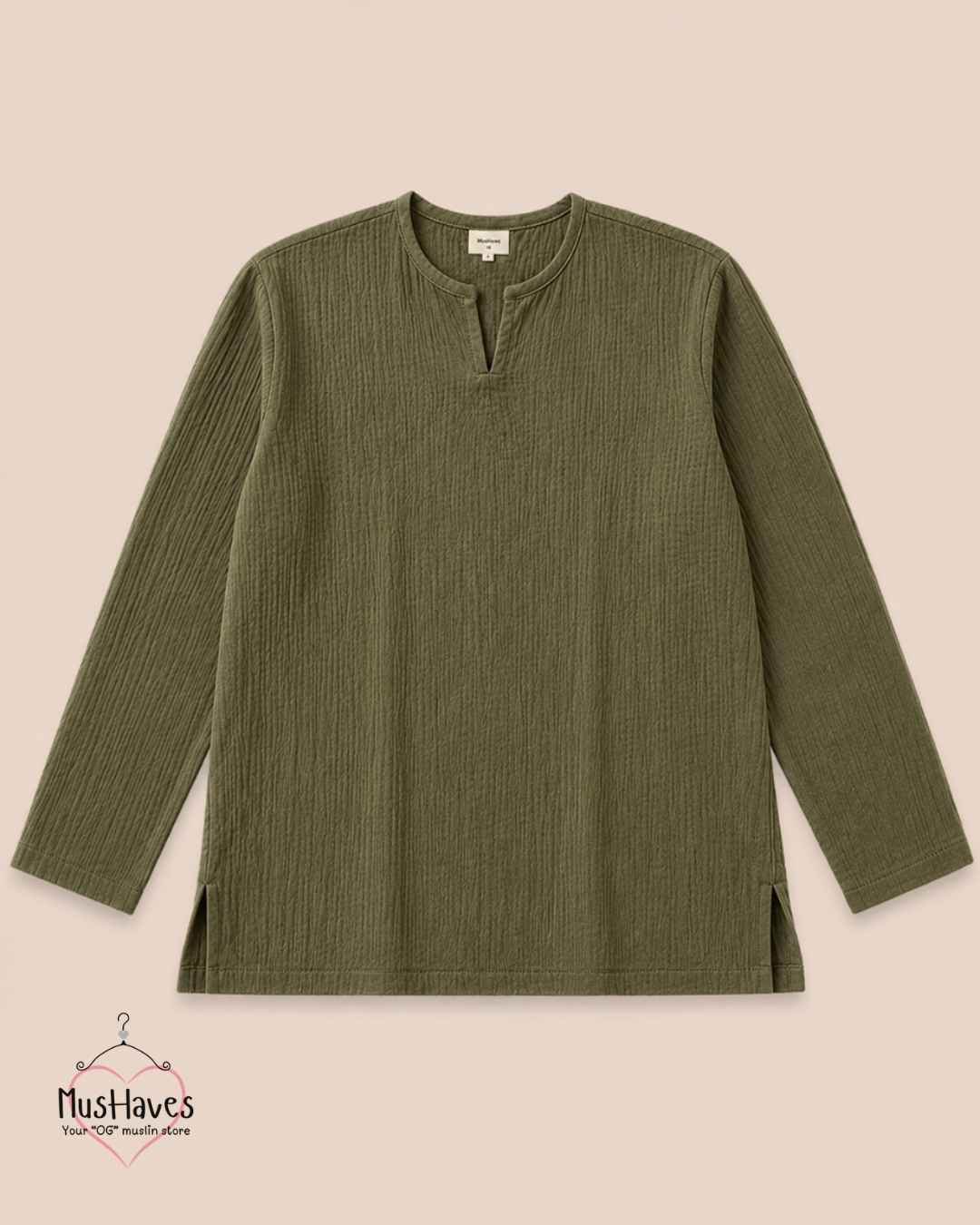 Classic Muslin Notch Neck – Olive Green